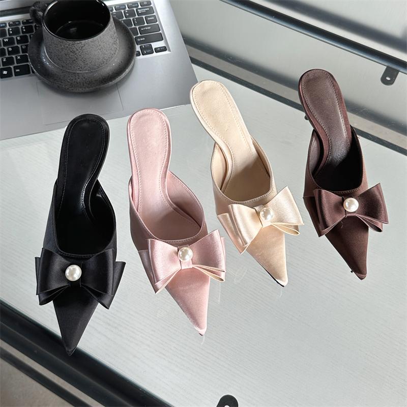 Eilyken Sexy Butterfly-knot Women Slipper Pointed Toe Slip On Ladies Mules Shoes Elegant Thin Heel Outdoor Dress Sandals