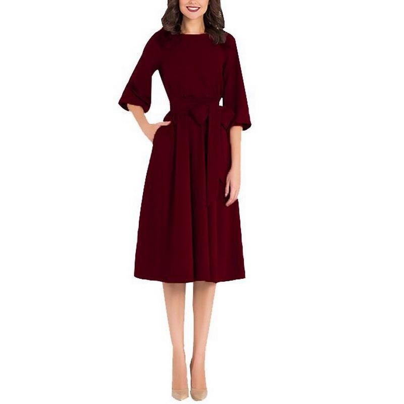 Chic Solid Color Midi Dress With Sash Embellishment