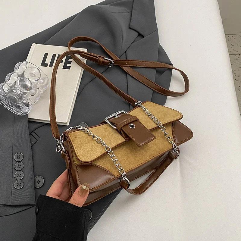 Women PU Leather Underarm Shoulder Bags Fashion Contrasting Colors Chain Crossbody Bag Lady Vintage Trapeze Handbags