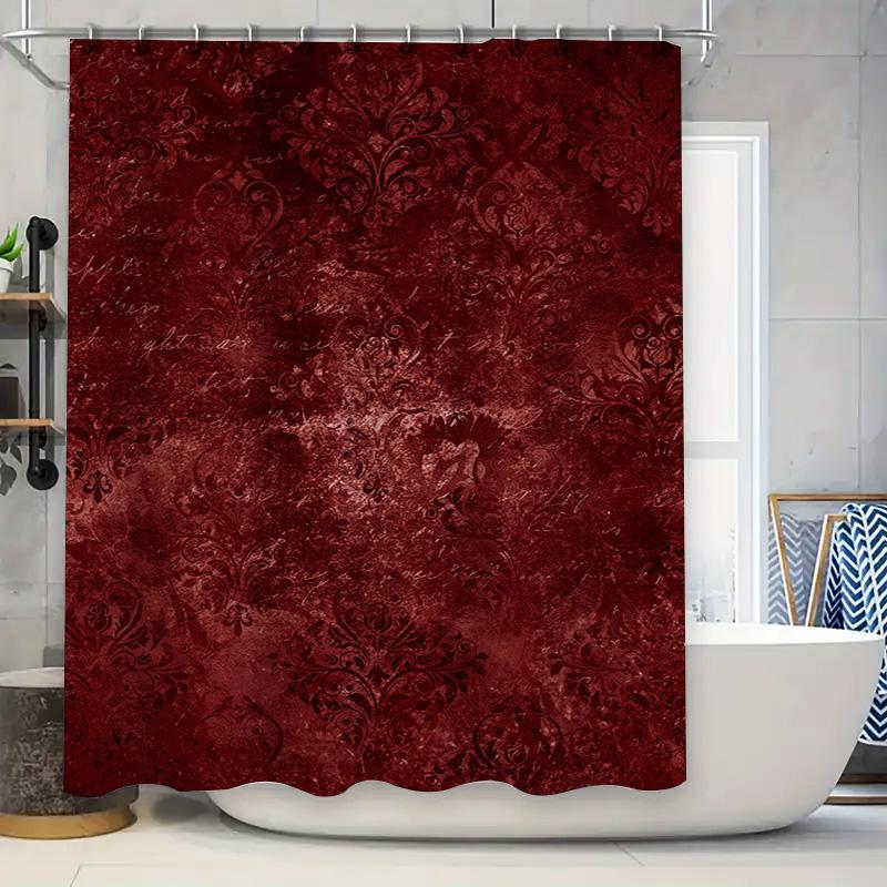 

Luxurious Burgundy Velvet Damask Shower Curtain Vintage Bathroom Decor Water-Resistant Fabric For Bathtub Or Walk-In Tiled Showe W60H190(CM)-1 Pcs