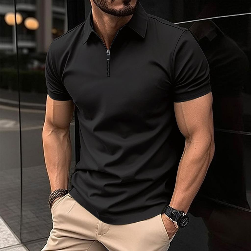 Men's Solid Color Zipper Casual Sports Short Sleeved Polo Shirt