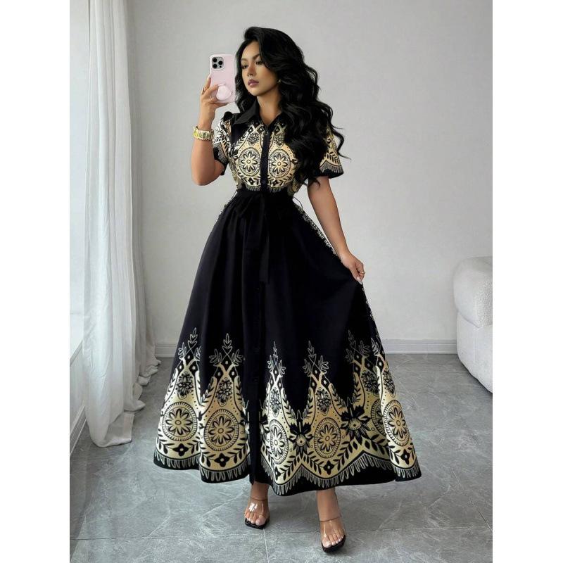 Europe, America 2026 summer new fashion temperament casual elegant printed button long dress S чёрный