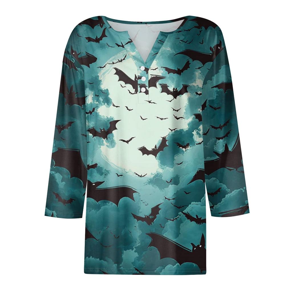Women's Casual Fashion V-neck Loose Versatile Halloween Print Three-quarter Sleeve Top