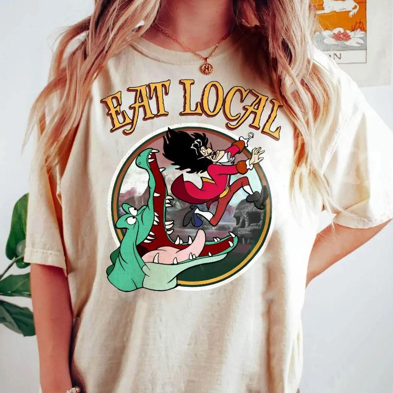 Vintage Trendy Casual Clock Crocodile Captain Hook Eat Local Food Shirt Peter Pan TShirt All Season Cotton Streetwear