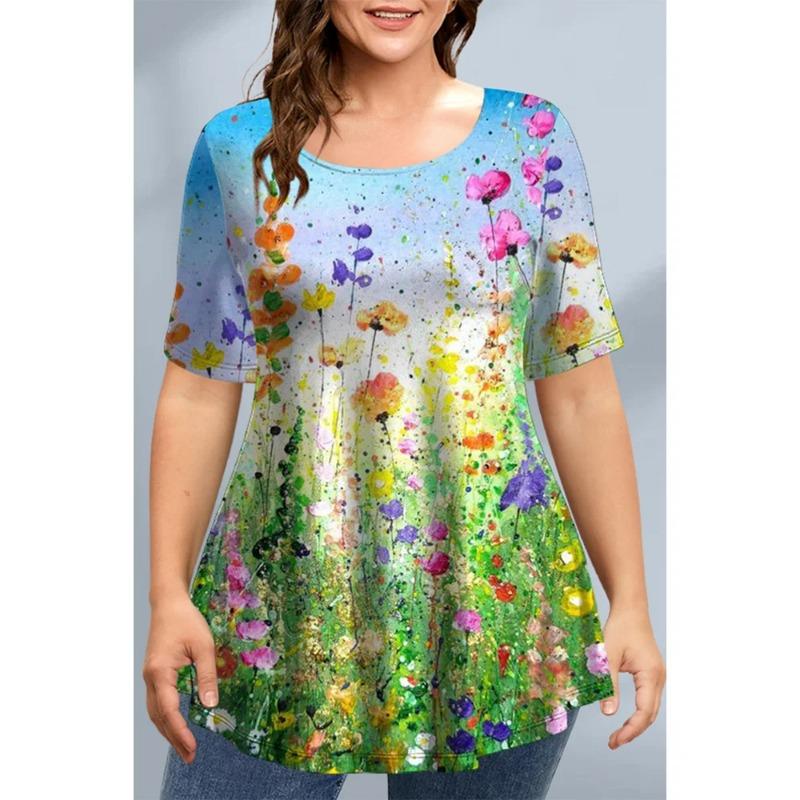 Large Size Loose Fit Women's T-shirt Summer Short Sleeve Crewneck Tshirt Flower 3d Print Top Oversized Ladies Clothing T-Shirts Women’s
