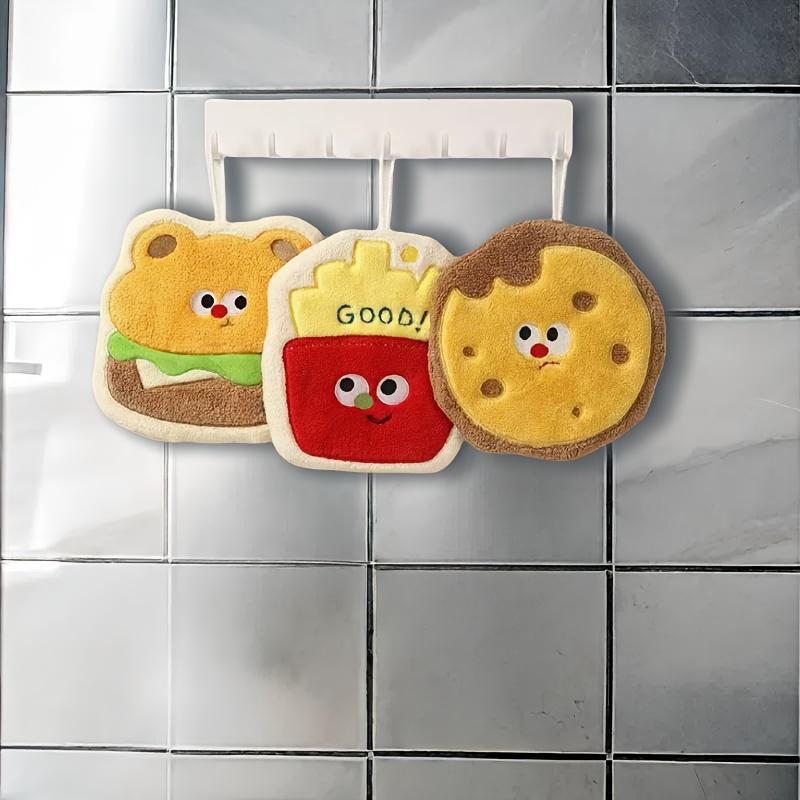3pcs Coral Velvet Hand Towel, Burger Cheese Style, Hanging Style for Decoration, Strong Absorption and Quick Drying,Cute and Soft,Gift for Food Lovers
