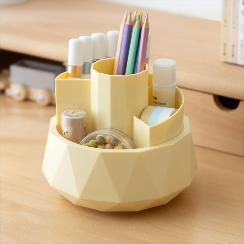 Large Capacity Pencil Storage Box 4-Grid Makeup Brush Organizer 360° Rotating Pen Holder Desktop