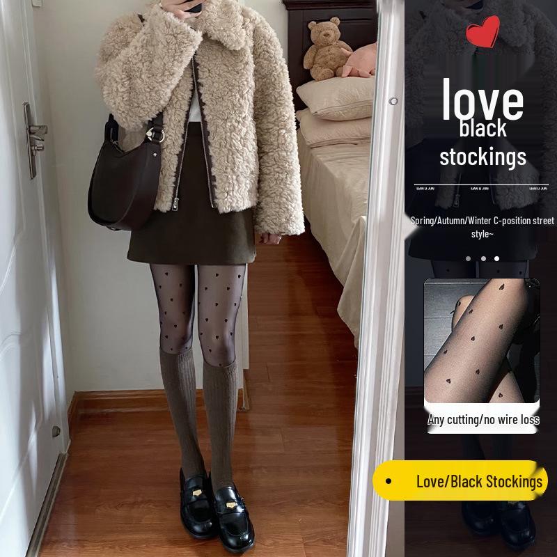 Polka Dot Black Fleece-Lined Fishnet Tights for Women – Double-Layer, See-Through Leggings for Autumn and Winter.