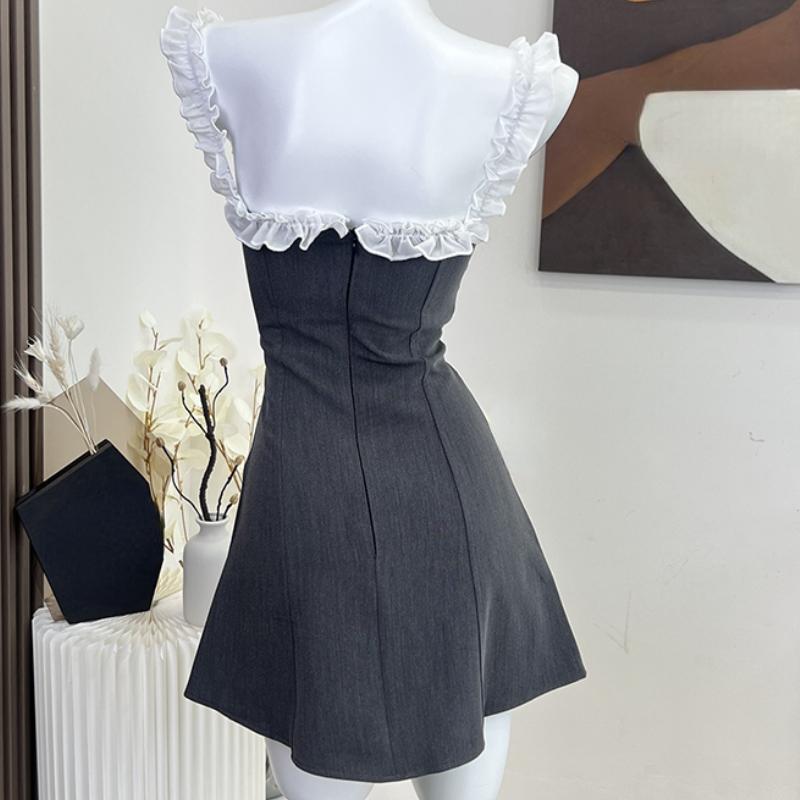 2023 frauen Sommer Off Schulter Mini Kleid Sexy Elegante Vintage-Mode Party Club Ärmelloses Grau Kleid Weibliche Einteilige Kleider