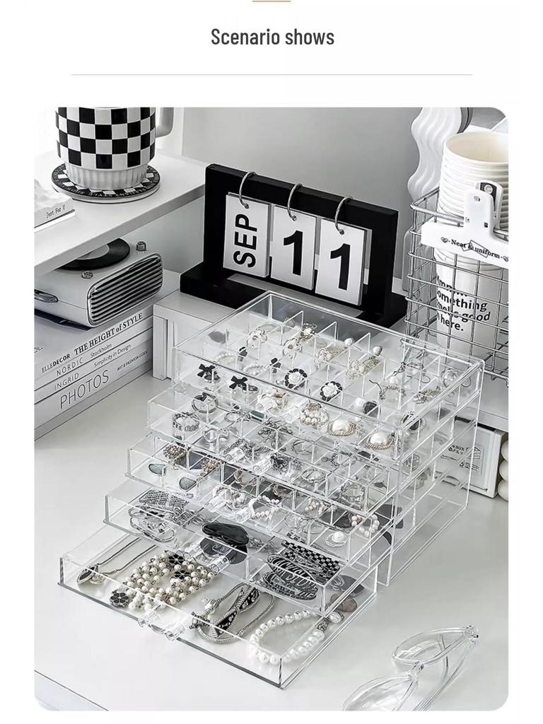 Large Capacity Multi-Layer Desktop Jewelry Storage Box with Transparent Drawers for Earrings and Rings