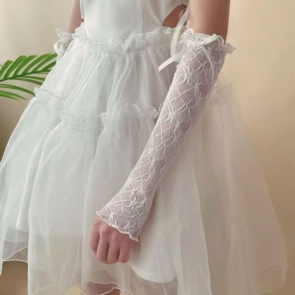 Kawaii Lace Ruffle Arm Sleeves Bowknot Strapping Fishnet Design Lace Gloves Elastic Cuff Mesh Gloves Clothes Accessories