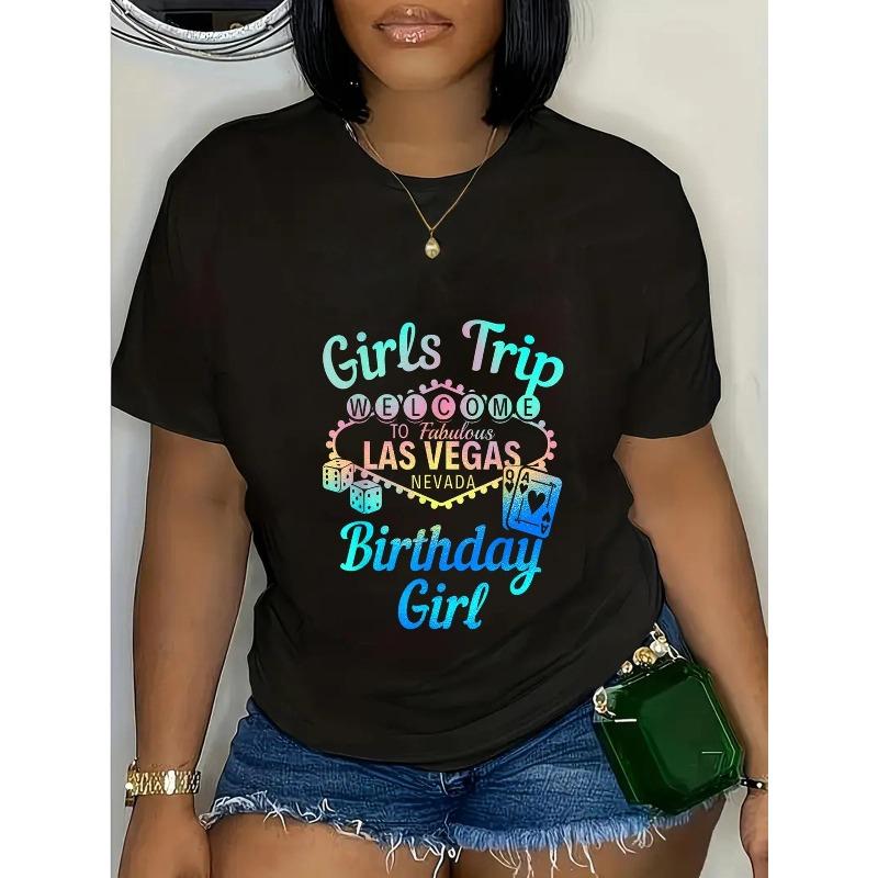Plus Size, Women s Las Vegas Birthday Party T-Shirt - S Trip Vegas Graphic Tee Birthday Design - Black with Turquoise & Pink Accents S чёрный