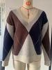 Vintage Contrast Rhomboid V-Neck Sweater Top
