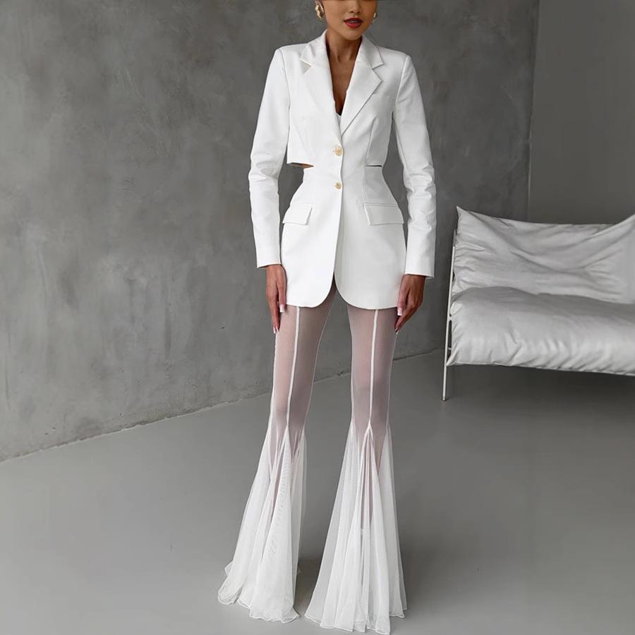 Women's Sheer Mesh Flare Pants High Waist See-Through Wide Leg Bell Bottom Trousers