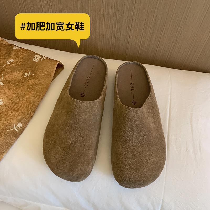 02-Retro women s wide fat feet matte thick bottom half drag one pedal cork lazy shoes large size women s shoes 35 4670₽