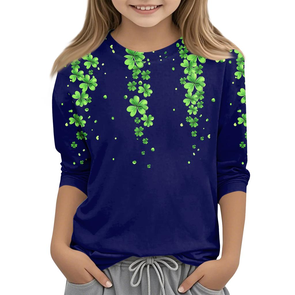 St. Patrick's Day Print Tops For Youth Girls 4-11 Years Round Neck 3/4 Sleeves T-Shirts Trendy Tops Outfit Tees