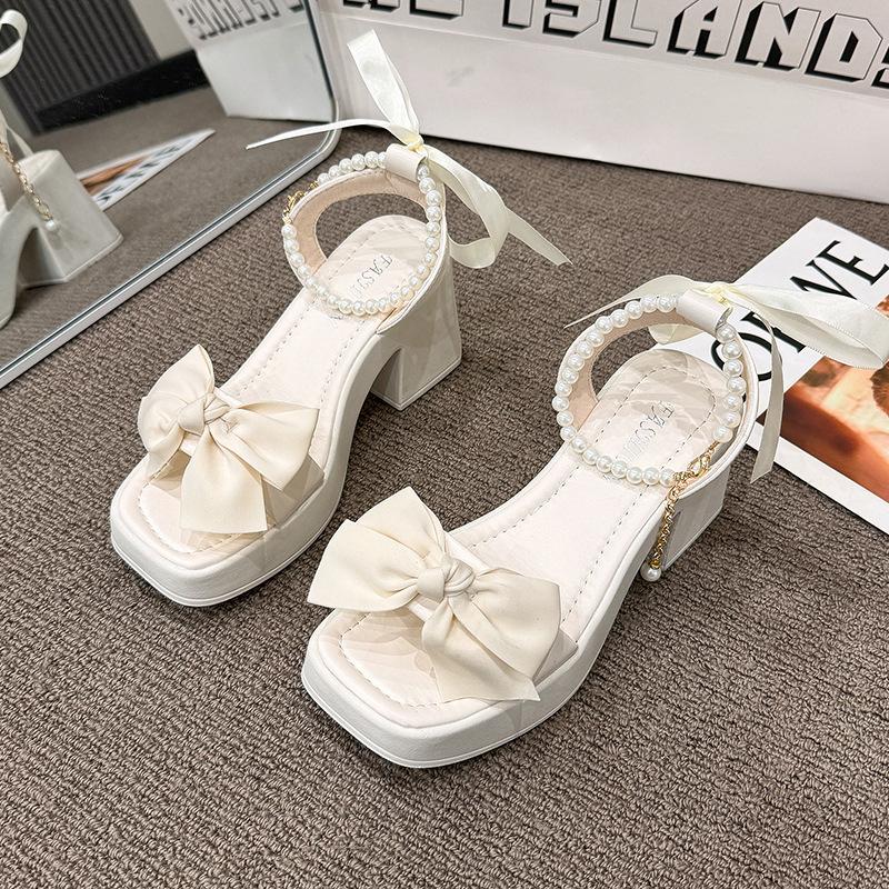 

SyfIyno Летняя Новая Коллекция Туфли-лодочки женские с открытым носком на толстом каблуке, сандалии с жемчужным ремешком, с юбками и на высоком каблуке 42 бежевый