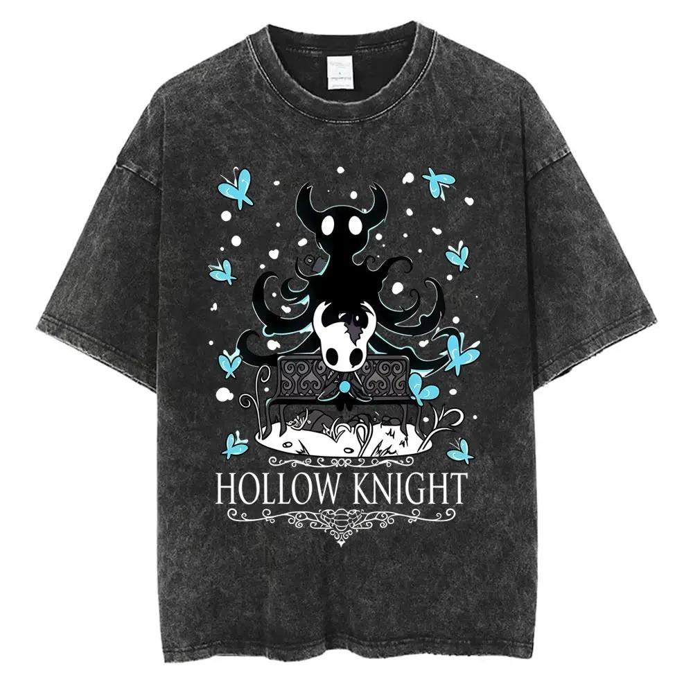 Hollow Knight Vintage Washed Gaming Merch Grafik T-Shirt Unisex Unisex Lässig Oversized Baumwoll-T-Shirt für Cosplay Cartoon-Fans