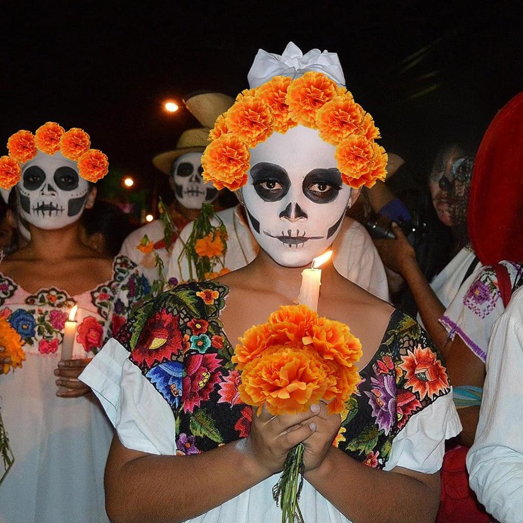 Artificial Marigold Flowers Halloween Decoration Orange Marigold Head Silk Fake Paper Flowers Decor for Day of The Dead Diwali