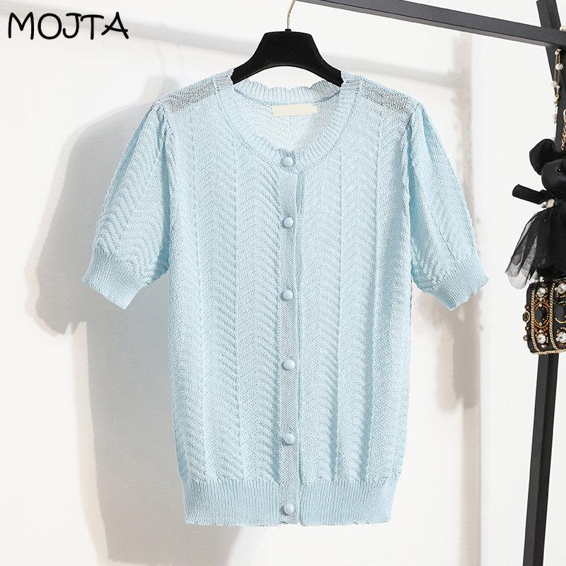 

MOJTA Женский свободный топ больших размеров с короткими рукавами, повседневный летний тонкий топ с круглым вырезом и полыми пуговицами