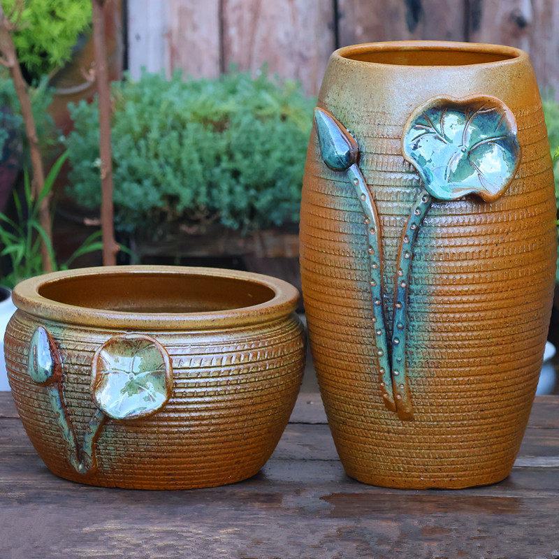 Large Retro Hydroponic Ceramic Vase - Tall Handmade Pennywort Cylinder Pot