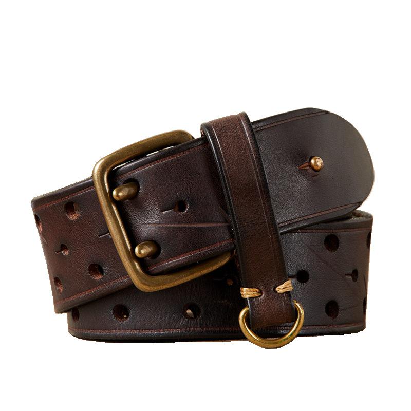 Korean Style Double Pin Buckle Leather Belt for Men - Genuine Cowhide Retro Youth Jeans Waist Belt