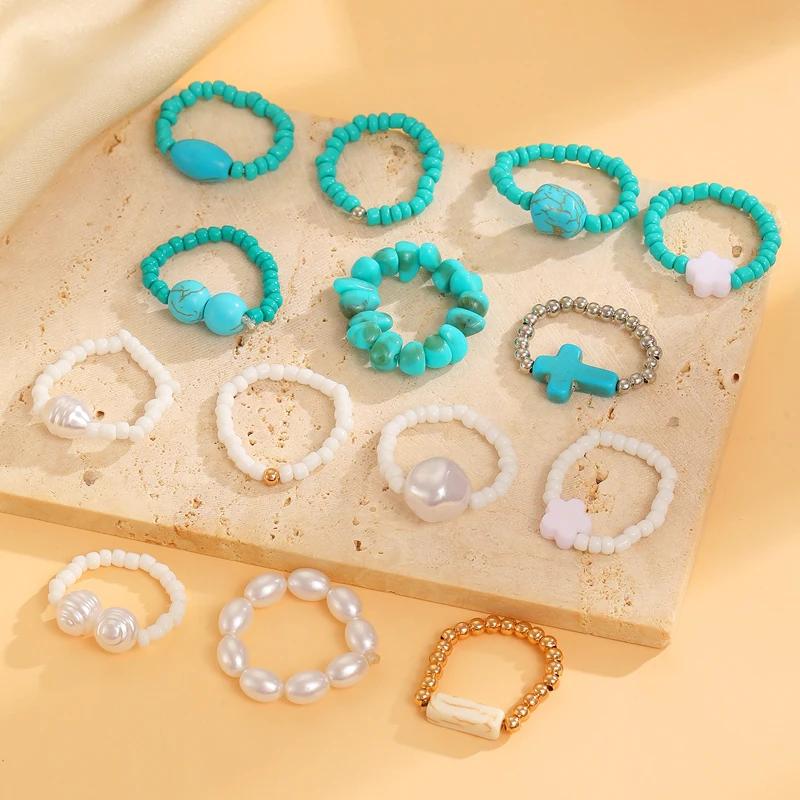 Ethnic Style Imitation Pearl Beads Rings Set For Women Retro Blue Stone Cross Elastic Rope Ring Personality Jewelry Gift