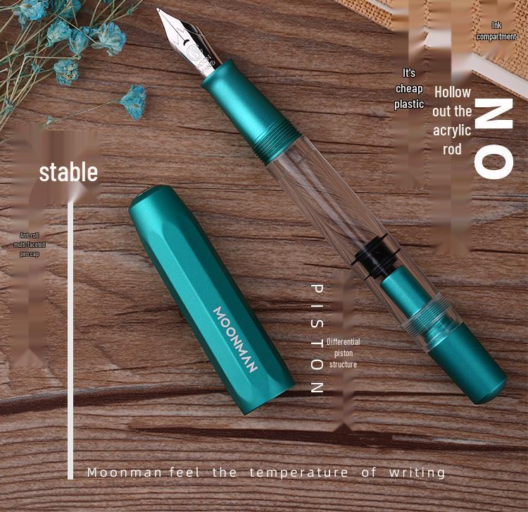 MOONMAN T1 Handmade Resin Fountain Pen, Large Capacity Piston Filler, Fine Nib with Aluminum Alloy Barrel