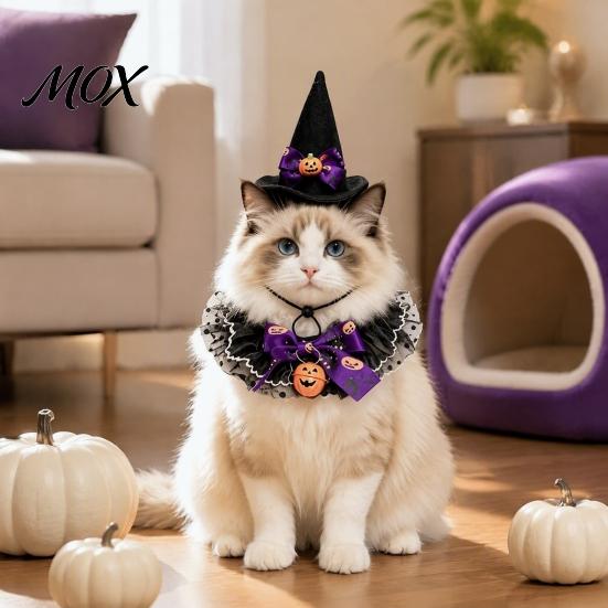 Pet Witch Hat And Scarf 1 Set Halloween Cat Costume, Wizard Lace Bandana, Ruffled Bib Funny Accessories with Bow Bell, Holiday Party Outfit for Small