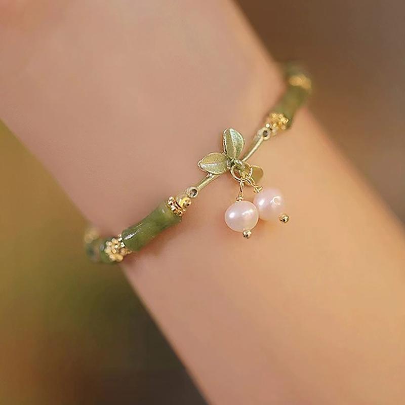 Light Luxury Retro Green Bamboo Joint Bracelet Women Romantic Imitation Pearl Pendant Bangle Jewelry Accessories Gifts