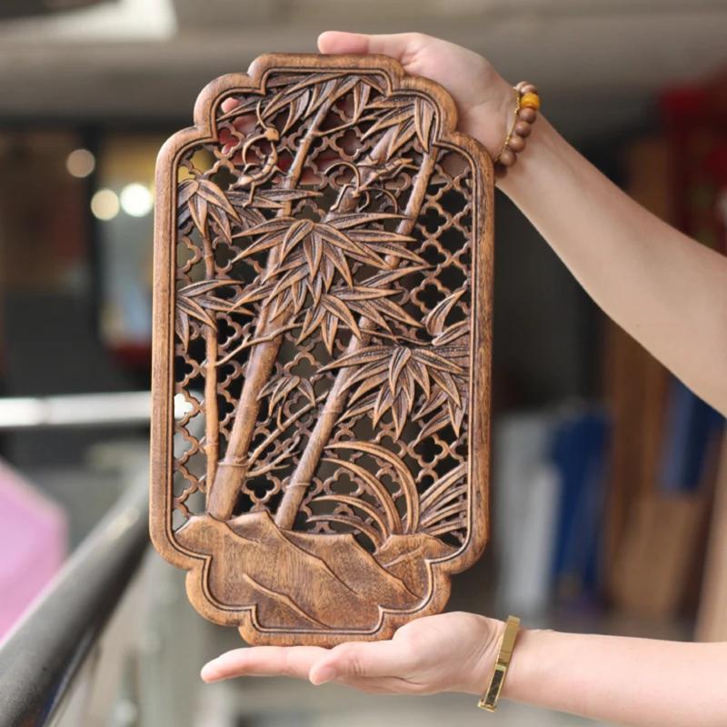 Chinese Traditional Artware Wooden Carving Wall Hanging Piece Background Wall, Solid Wood Hollow Carving Plum, Bamboo Decor