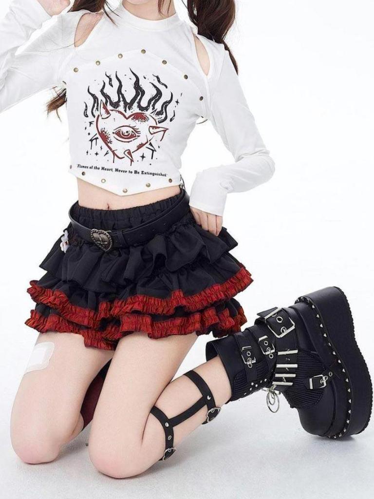 Women's Mini Pleated Skirt with Shorts Y2K Punk Gothic Style Cake Skirt Black Elastic Waist Summer Clothing Streetwear