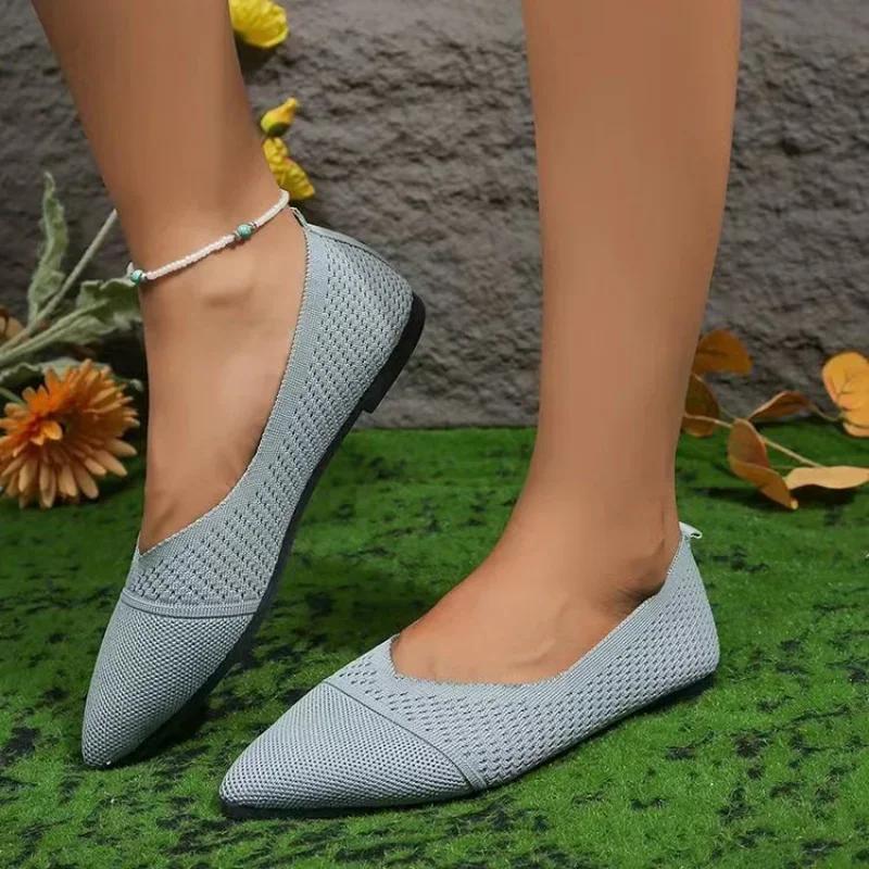 Dámské špičaté ploché boty, jednobarevné pletené nazouvací boty, ležérní prodyšné baletní boty, mokasíny, dámské boty