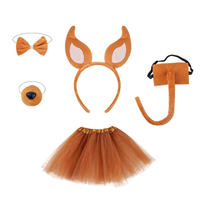 Dogs Hair Hoop Set Foxes Ears Headband Plush Tail Bowtie False Nose Animals Costume Set for Halloween Cosplay Party