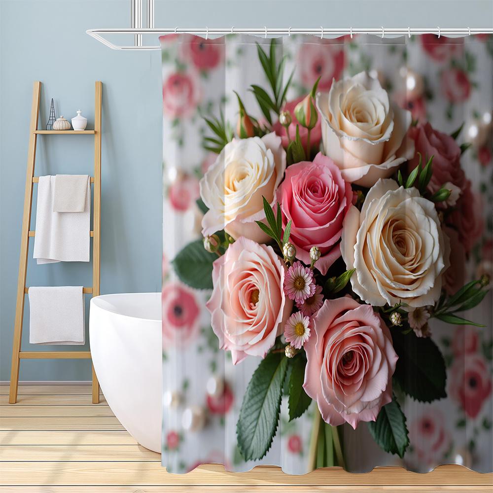 1 Pink and White Rose Floral Pattern Printed Shower Curtain, an Elegant and Romantic Home - Decor Shower Curtain, with 12 Hooks,