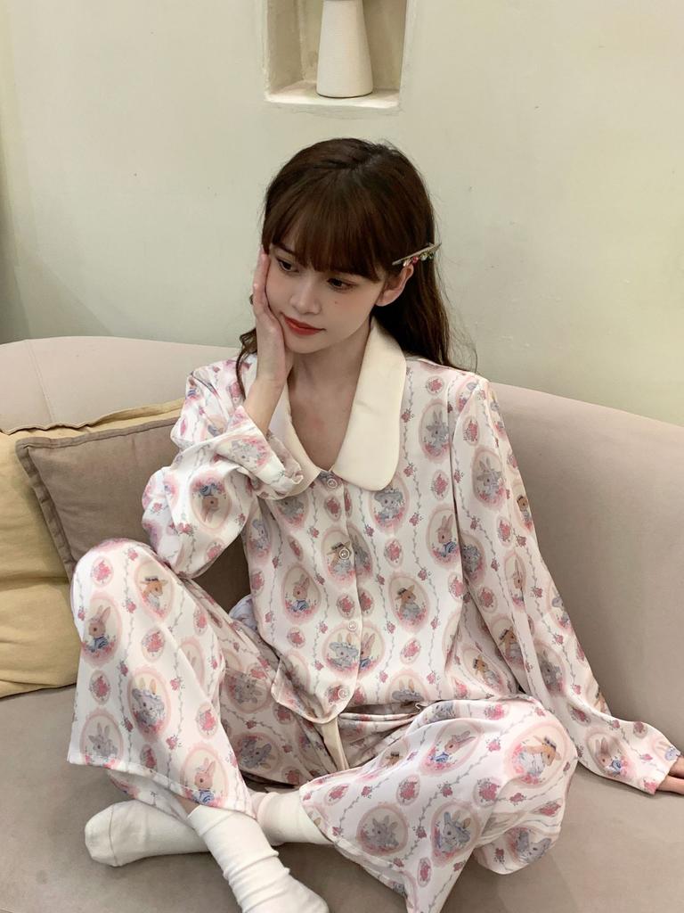 [Cute Rabbit Paradise] Ice Silk Pajamas Girl Cute Rabbit Internet Celebrity Long-sleeved Trousers Sweet Retro Loungewear Cover