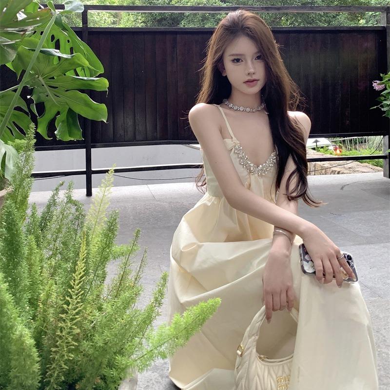 Pure Apricot Neck Sling Dress Women's Summer Xinjiang Yunnan Dali Seaside Vacation Flash Diamond Backless Dress