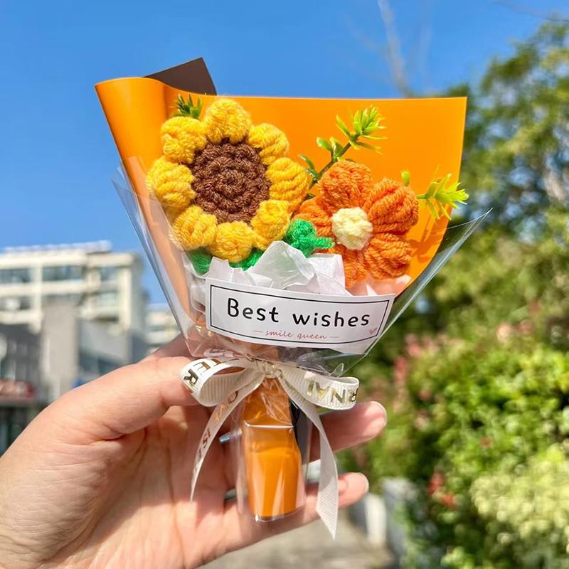 Mini Crochet Flowers Artificial Flower Bouquet Handmade Knitted Flowers Bouquet For Wedding Party Decor Valentine'S Day Gift