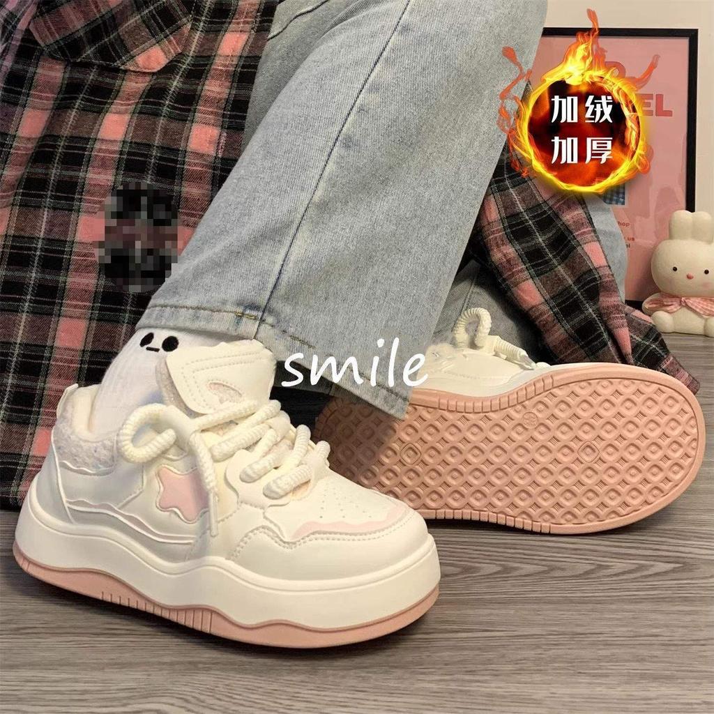 Pink Stars, Velvet Little White Shoes for Women, Warm In Winter, High-value Retro Casual Sports Board Shoes Ins Tide