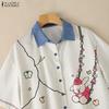 ZANZEA Women Casual Turn Down Collar Loose Short Sleeve Funny Print Stripe Blouse