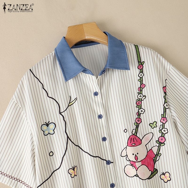 ZANZEA Women Casual Turn Down Collar Loose Short Sleeve Funny Print Stripe Blouse