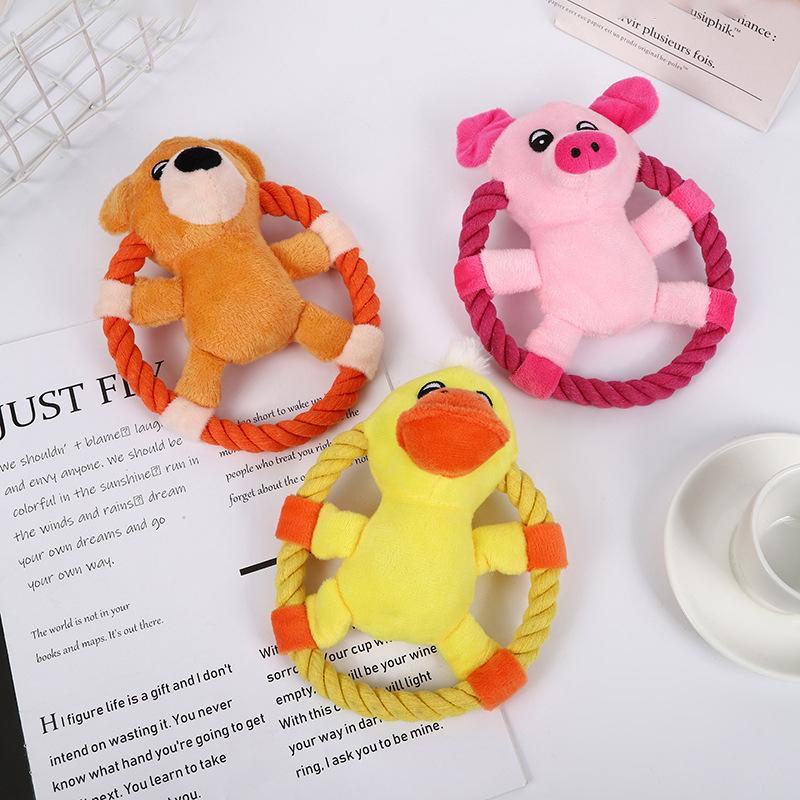 Cotton Rope Throw Toys for Pets Cartoon Duck Pig Small and Medium Dogs Squeaker Chew Training Toy Durable Outdoor Dog Flying Dis