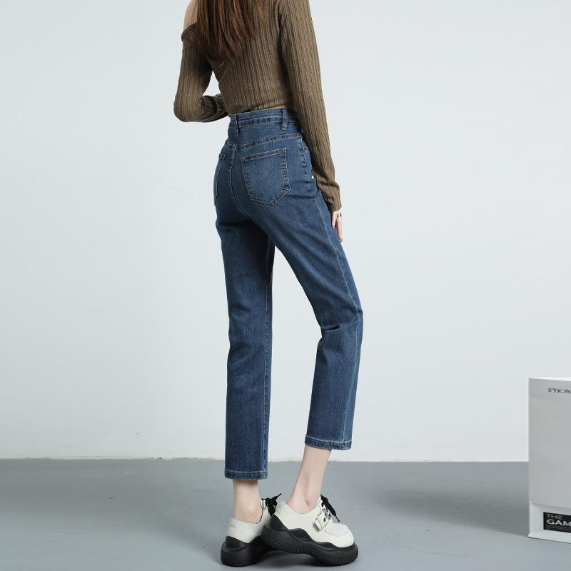 Straight Jeans for Women with High Waist Slim French Stretch Nine-point Pants for Women In Autumn and Winter Loose Light Blue Retro Blue