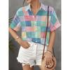 Women's Casual Short Sleeve Plaid Patchwork Shirt Soft Fresh Tone Button Down Top Machine Washable