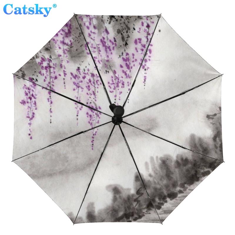 

Полностью автоматический трехстворчатый складной зонт с китайской росписью и черным покрытием, анти-УФ-защита от солнца, женский зонтик от дождя