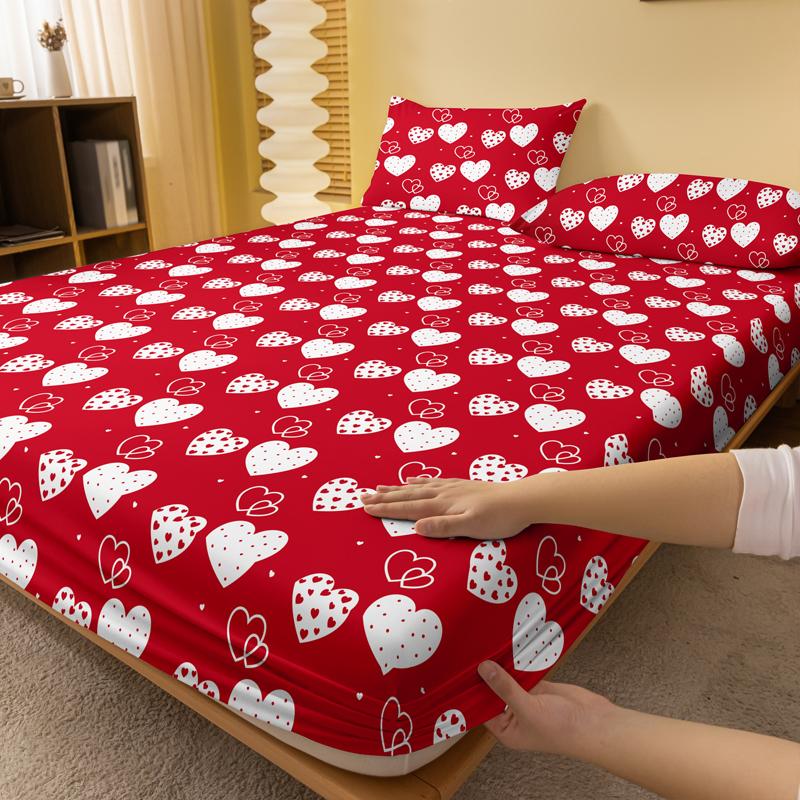 1 Simple Modern Heart-Shaped Printed Matte Fitted Sheet, Bedroom Printed Bed Cover, Bedding (Excluding Pillowcases)
