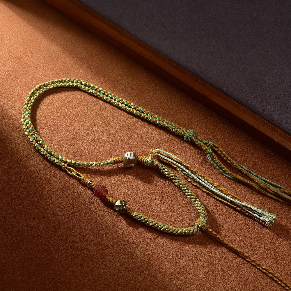 Tibetan Handmade Adjustable Thangka Pendant Necklace with Dzi Bead and Amber Jade Cord