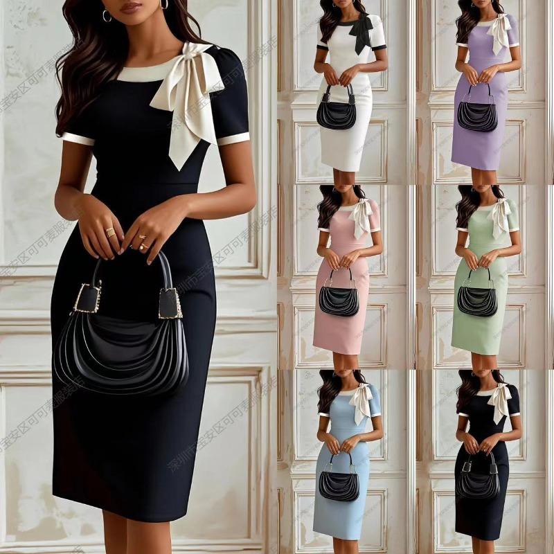 New women's clothing crew neck bow contrasting color slim dress splicing socialite party banquet dress