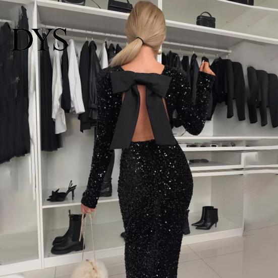 Sequin Maxi Dress Women Evening Backless Big Bow Decor Round Neck Mid Waist Gown Slim Fit Long Sleeve Prom Party Club Formal
