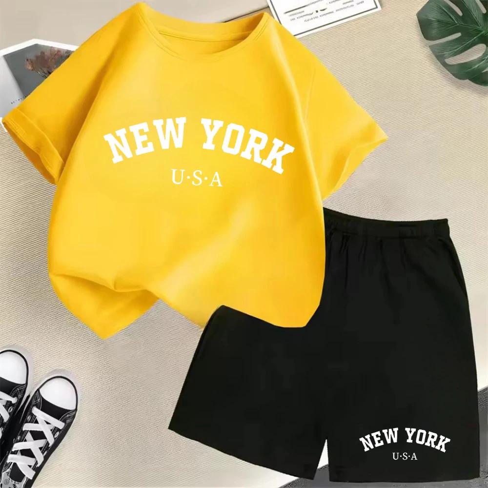 

Summer short sleeved New York letter patterned children s T-shirt+shorts 2-piece set, sports children s set 140
